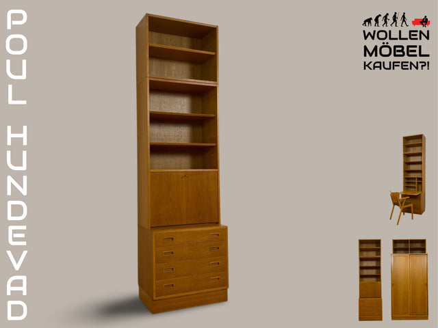 WMK # Hochwertiger skandinavischer Designer Sekretär von Poul Hundevad , Massivholz in Eiche mit Regal # Highboard Bücherregal Bücherschrank Sideboard Desk Danish Design Mid-Century Vintage Eichenholz