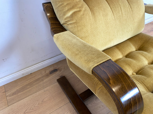 WMK Formschöner, äußerst bequemer & sehr gut erhaltener skandinavischer Freisschwinger mit gestepptem Samtbezug # Sessel Lesesessel Relaxsessel Easy Chair Fernsehsessel Samt Vintage 70er Retro