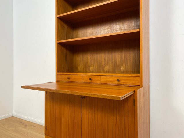 WMK # Stilvoller skandinavischer Mid-Century Bücherschrank in Teakholz mit auszieh. Schreibfläche & verstell. Regalböden # Bücherregal Regal Sekretär Highboard Kommode Sideboard Vintage Danish Design