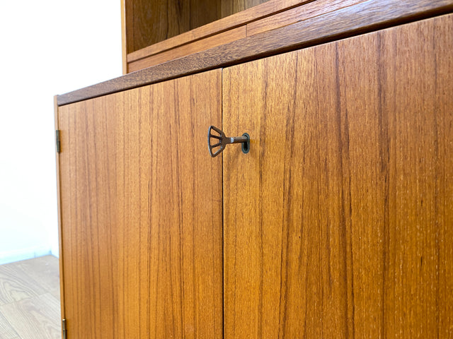 WMK # Stilvoller skandinavischer Mid-Century Bücherschrank in Teakholz mit auszieh. Schreibfläche & verstell. Regalböden # Bücherregal Regal Sekretär Highboard Kommode Sideboard Vintage Danish Design
