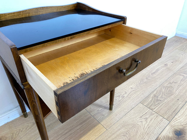 WMK # Schöner & sehr gut erhaltener skandinavischer Mid-Century Nachttisch mit Schublade, Ablage, Glasauflage & Messinggriff # Nachtschrank Nachtkommode Nachtschränkchen Beistelltisch Kommode Vintage