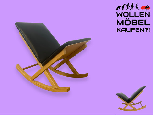 WMK I Praktischer skandinavischer Mid-Century Schaukelhocker mit schwarzem Skai Bezug I Fußhocker Hocker Fußablage Schaukelstuhl Lesesessel Footstool Vintage Leder Kunstleder Berlin Bamberg Dresden