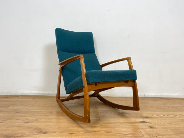 WMK # Stilvoller, gut erhaltener und sehr gemütlicher skandinavischer Mid-Century Schaukelstuhl mit Originalbezug in Petrolgrün # Sessel Lesesessel Schaukelsessel Rocking Chair Vintage Berlin München