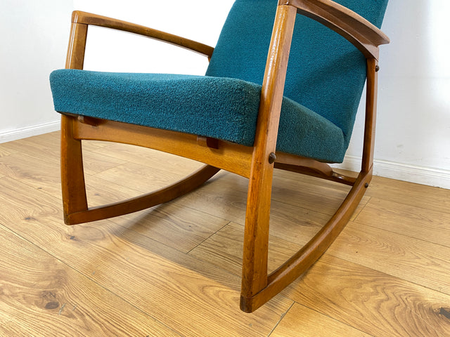 WMK # Stilvoller, gut erhaltener und sehr gemütlicher skandinavischer Mid-Century Schaukelstuhl mit Originalbezug in Petrolgrün # Sessel Lesesessel Schaukelsessel Rocking Chair Vintage Berlin München