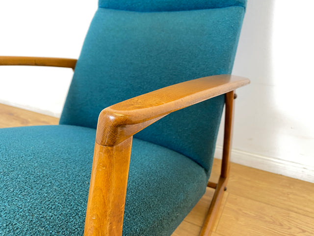WMK # Stilvoller, gut erhaltener und sehr gemütlicher skandinavischer Mid-Century Schaukelstuhl mit Originalbezug in Petrolgrün # Sessel Lesesessel Schaukelsessel Rocking Chair Vintage Berlin München