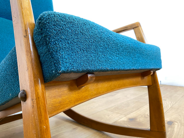 WMK # Stilvoller, gut erhaltener und sehr gemütlicher skandinavischer Mid-Century Schaukelstuhl mit Originalbezug in Petrolgrün # Sessel Lesesessel Schaukelsessel Rocking Chair Vintage Berlin München