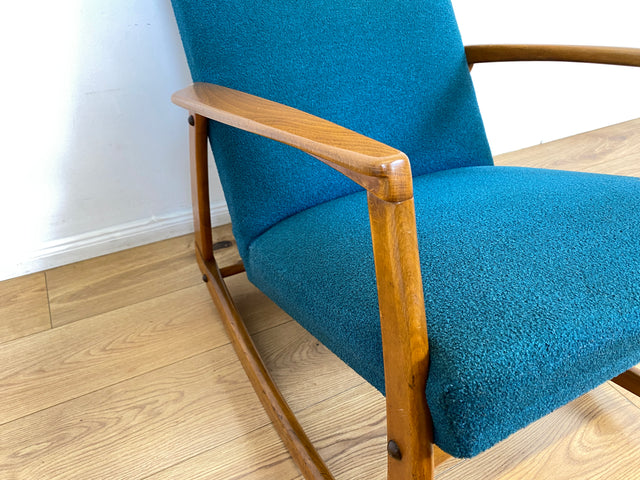 WMK # Stilvoller, gut erhaltener und sehr gemütlicher skandinavischer Mid-Century Schaukelstuhl mit Originalbezug in Petrolgrün # Sessel Lesesessel Schaukelsessel Rocking Chair Vintage Berlin München