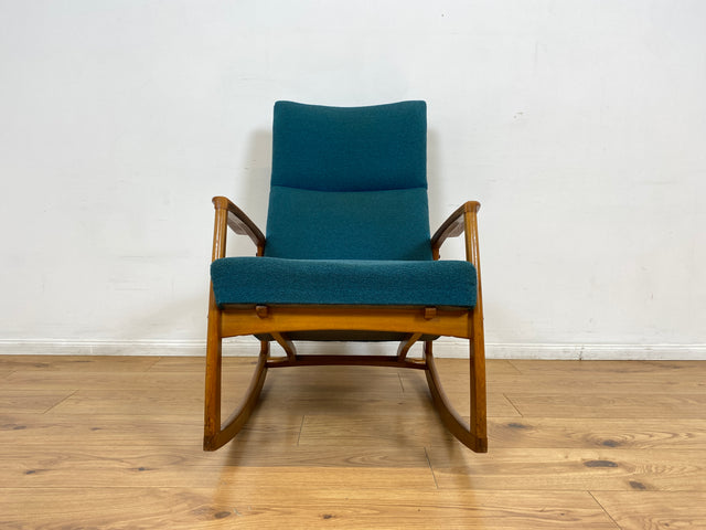 WMK # Stilvoller, gut erhaltener und sehr gemütlicher skandinavischer Mid-Century Schaukelstuhl mit Originalbezug in Petrolgrün # Sessel Lesesessel Schaukelsessel Rocking Chair Vintage Berlin München