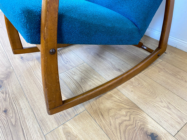 WMK # Stilvoller, gut erhaltener und sehr gemütlicher skandinavischer Mid-Century Schaukelstuhl mit Originalbezug in Petrolgrün # Sessel Lesesessel Schaukelsessel Rocking Chair Vintage Berlin München