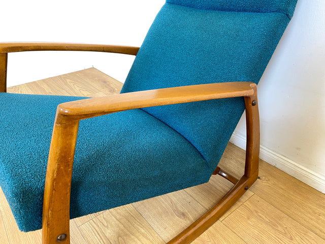 WMK # Stilvoller, gut erhaltener und sehr gemütlicher skandinavischer Mid-Century Schaukelstuhl mit Originalbezug in Petrolgrün # Sessel Lesesessel Schaukelsessel Rocking Chair Vintage Berlin München