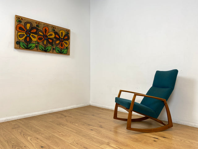 WMK # Stilvoller, gut erhaltener und sehr gemütlicher skandinavischer Mid-Century Schaukelstuhl mit Originalbezug in Petrolgrün # Sessel Lesesessel Schaukelsessel Rocking Chair Vintage Berlin München