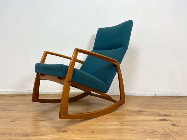WMK # Stilvoller, gut erhaltener und sehr gemütlicher skandinavischer Mid-Century Schaukelstuhl mit Originalbezug in Petrolgrün # Sessel Lesesessel Schaukelsessel Rocking Chair Vintage Berlin München