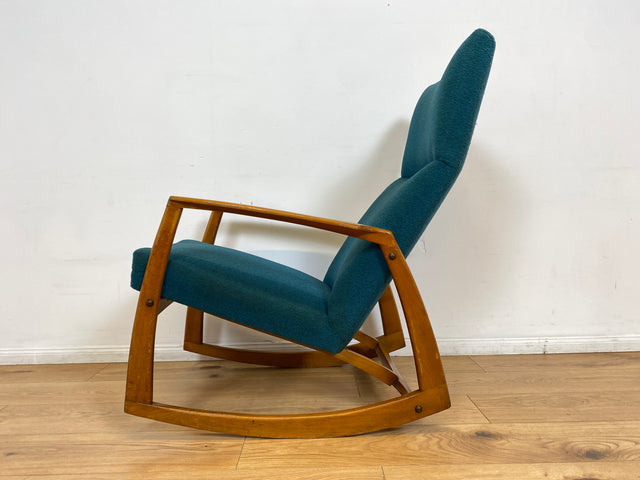 WMK # Stilvoller, gut erhaltener und sehr gemütlicher skandinavischer Mid-Century Schaukelstuhl mit Originalbezug in Petrolgrün # Sessel Lesesessel Schaukelsessel Rocking Chair Vintage Berlin München