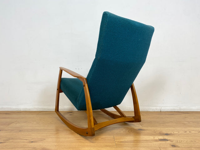 WMK # Stilvoller, gut erhaltener und sehr gemütlicher skandinavischer Mid-Century Schaukelstuhl mit Originalbezug in Petrolgrün # Sessel Lesesessel Schaukelsessel Rocking Chair Vintage Berlin München