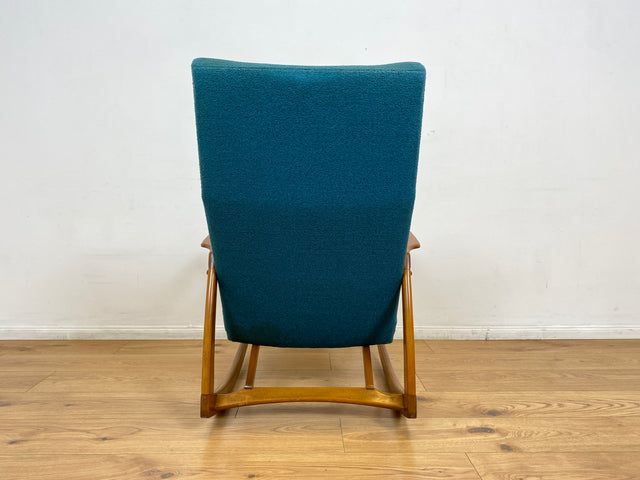 WMK # Stilvoller, gut erhaltener und sehr gemütlicher skandinavischer Mid-Century Schaukelstuhl mit Originalbezug in Petrolgrün # Sessel Lesesessel Schaukelsessel Rocking Chair Vintage Berlin München