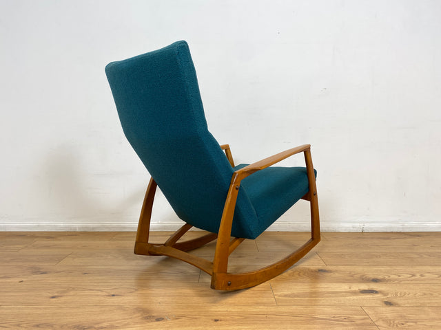 WMK # Stilvoller, gut erhaltener und sehr gemütlicher skandinavischer Mid-Century Schaukelstuhl mit Originalbezug in Petrolgrün # Sessel Lesesessel Schaukelsessel Rocking Chair Vintage Berlin München