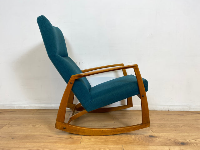 WMK # Stilvoller, gut erhaltener und sehr gemütlicher skandinavischer Mid-Century Schaukelstuhl mit Originalbezug in Petrolgrün # Sessel Lesesessel Schaukelsessel Rocking Chair Vintage Berlin München