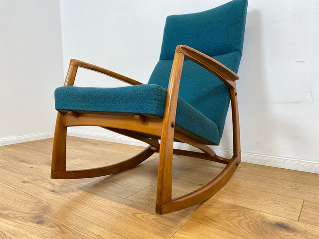 WMK # Stilvoller, gut erhaltener und sehr gemütlicher skandinavischer Mid-Century Schaukelstuhl mit Originalbezug in Petrolgrün # Sessel Lesesessel Schaukelsessel Rocking Chair Vintage Berlin München