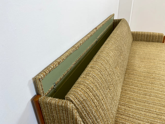 WMK # Hochwertiges skandinavischer Mid-Century Schlafsofa mit verstautem Doppelbett, feinem Wollbezug und Teakholz Rahmen # Sofa Couch Schlafcouch Ausziehsofa Klappsofa 3-Sitzer Danish Design Vintage