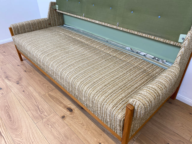 WMK # Hochwertiges skandinavischer Mid-Century Schlafsofa mit verstautem Doppelbett, feinem Wollbezug und Teakholz Rahmen # Sofa Couch Schlafcouch Ausziehsofa Klappsofa 3-Sitzer Danish Design Vintage