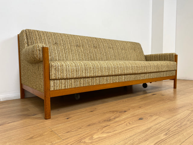 WMK # Hochwertiges skandinavischer Mid-Century Schlafsofa mit verstautem Doppelbett, feinem Wollbezug und Teakholz Rahmen # Sofa Couch Schlafcouch Ausziehsofa Klappsofa 3-Sitzer Danish Design Vintage
