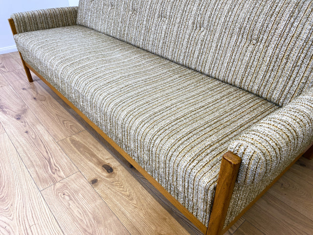 WMK # Hochwertiges skandinavischer Mid-Century Schlafsofa mit verstautem Doppelbett, feinem Wollbezug und Teakholz Rahmen # Sofa Couch Schlafcouch Ausziehsofa Klappsofa 3-Sitzer Danish Design Vintage