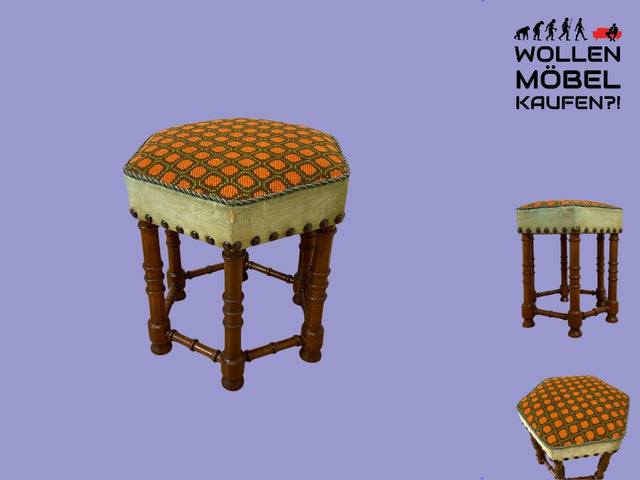 WMK I Wunderschöner skandinavischer Mid-Century Sitzhocker mit tollem handgewebtem Gobelin Bezug I Hocker Fußhocker Schemel Taburett Sitz Stuhl Vintage I Berlin Bremen Stuttgart I Versand möglich