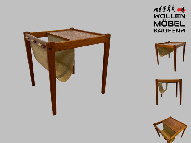 WMK I Stilvoller skandinavischer Mid-Century Zeitungstisch aus Teakholz mit Zeitungsablage aus Leinen I Beistelltisch Couchtisch Coffee Table Zeitungsständer Danish Design Vintage Berlin Köln Leipzig