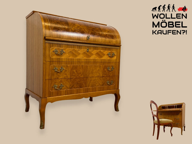 WMK I Hochwertiger skandinavischer Stilmöbel Sekretär in Nussbaum mit feinen Intarsien I Schreibkommode Schreibtisch Kommode Schminkkommode Wäschekommode Mid-Century Vintage Berlin Stuttgart Halle