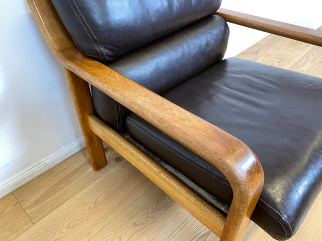WMK # 1/3 Stilvoller skandinavisches Mid-Century Designersessel von L. Olsen & Søn Møbelfabrik mit Echtleder Bezug & Teakholz Rahmen # Sessel Armchair Sitzgarnitur Danish Design Vintage Teak Leather
