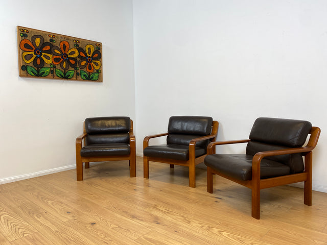WMK # 1/3 Stilvoller skandinavisches Mid-Century Designersessel von L. Olsen & Søn Møbelfabrik mit Echtleder Bezug & Teakholz Rahmen # Sessel Armchair Sitzgarnitur Danish Design Vintage Teak Leather