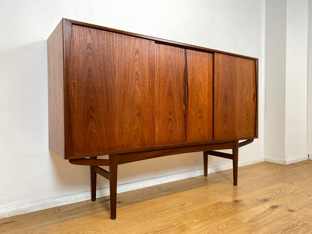 WMK I Besonders schönes skandinavisches Mid-Century Highboard in Teakholz mit Bar, Schiebetüren & Schubladen I Sideboard Schrank Barschrank Barkommode Danish Design Vintage 60er Berlin Hamburg München