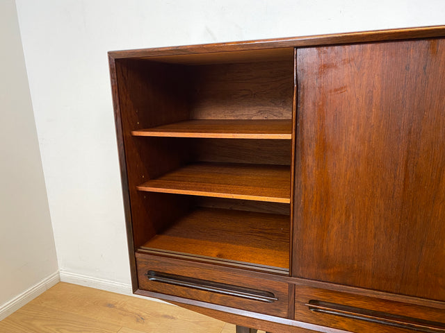 WMK I Hochwertiges skandinavisches Mid-Century Highboard in edlem Palisander mit Schubladen, Schiebetüren & Bar I Schrank Anrichte Sideboard Barkommode Barschrank Danish Design Vintage 60er Rosewood