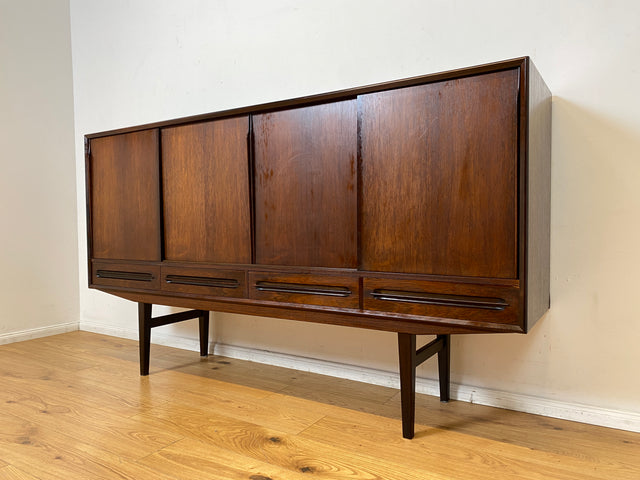 WMK I Hochwertiges skandinavisches Mid-Century Highboard in edlem Palisander mit Schubladen, Schiebetüren & Bar I Schrank Anrichte Sideboard Barkommode Barschrank Danish Design Vintage 60er Rosewood
