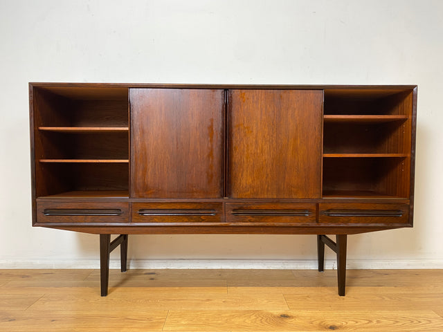 WMK I Hochwertiges skandinavisches Mid-Century Highboard in edlem Palisander mit Schubladen, Schiebetüren & Bar I Schrank Anrichte Sideboard Barkommode Barschrank Danish Design Vintage 60er Rosewood