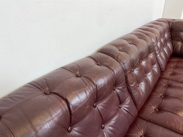 WMK I Formschönes & gemütliches skandinavisches Sofa mit gestepptem Echtleder Bezug mit schöner Alterspatina I Ledersofa Ledercouch Couch 3-Sitzer 3er Leder Chesterfield Vintage Berlin Hamburg Köln