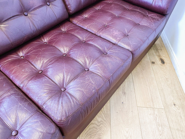 WMK I Formschönes & gemütliches skandinavisches Sofa mit gestepptem Echtleder Bezug mit schöner Alterspatina I Ledersofa Ledercouch Couch 3-Sitzer 3er Leder Chesterfield Vintage Berlin Hamburg Köln