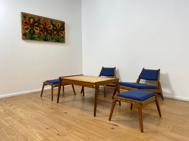 WMK # Rarer Designer Couchtisch aus dem "Hunting Chair Set" von PGH Erzgebirgisches Kunsthandwerk Annaberg Buchholz in gutem Originalzustand