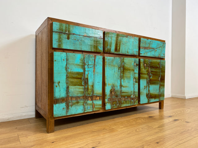 Boatwood by WMK # Besonders schönes türkises Sideboard mit Schubladen , ein aus altem Bootsholz handgefertigtes Unikat aus massivem Teakholz # Schrank Kommode Anrichte Wäschekommode Schubladenkommode