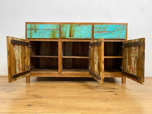 Boatwood by WMK # Besonders schönes türkises Sideboard mit Schubladen , ein aus altem Bootsholz handgefertigtes Unikat aus massivem Teakholz # Schrank Kommode Anrichte Wäschekommode Schubladenkommode