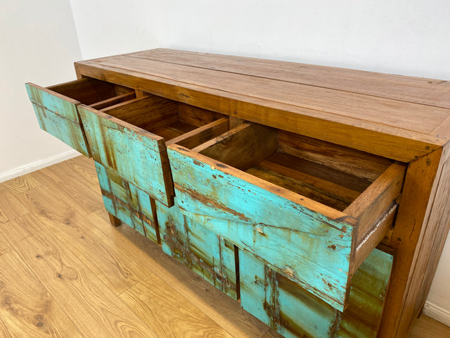 Boatwood by WMK # Besonders schönes türkises Sideboard mit Schubladen , ein aus altem Bootsholz handgefertigtes Unikat aus massivem Teakholz # Schrank Kommode Anrichte Wäschekommode Schubladenkommode