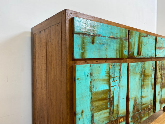 Boatwood by WMK # Besonders schönes türkises Sideboard mit Schubladen , ein aus altem Bootsholz handgefertigtes Unikat aus massivem Teakholz # Schrank Kommode Anrichte Wäschekommode Schubladenkommode
