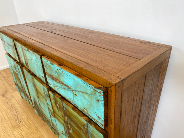 Boatwood by WMK # Besonders schönes türkises Sideboard mit Schubladen , ein aus altem Bootsholz handgefertigtes Unikat aus massivem Teakholz # Schrank Kommode Anrichte Wäschekommode Schubladenkommode
