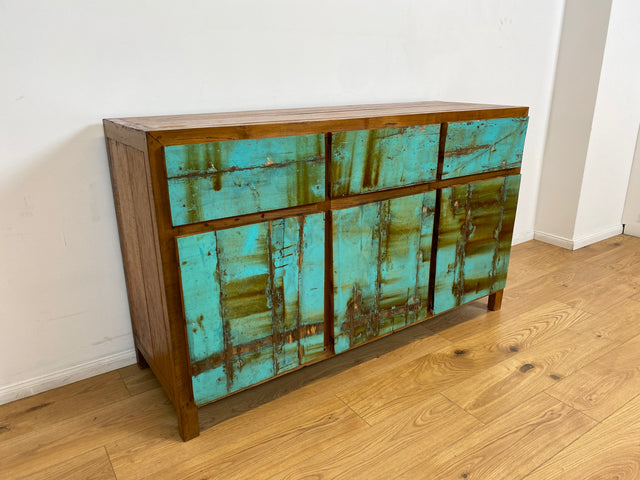 Boatwood by WMK # Besonders schönes türkises Sideboard mit Schubladen , ein aus altem Bootsholz handgefertigtes Unikat aus massivem Teakholz # Schrank Kommode Anrichte Wäschekommode Schubladenkommode