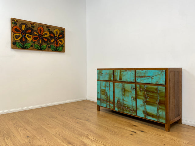 Boatwood by WMK # Besonders schönes türkises Sideboard mit Schubladen , ein aus altem Bootsholz handgefertigtes Unikat aus massivem Teakholz # Schrank Kommode Anrichte Wäschekommode Schubladenkommode