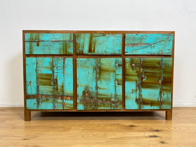 Boatwood by WMK # Besonders schönes türkises Sideboard mit Schubladen , ein aus altem Bootsholz handgefertigtes Unikat aus massivem Teakholz # Schrank Kommode Anrichte Wäschekommode Schubladenkommode