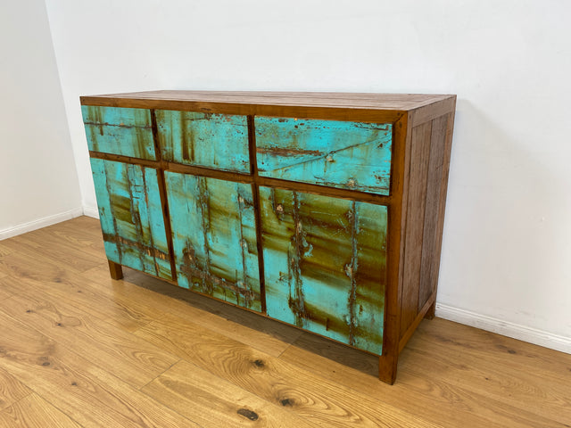 Boatwood by WMK # Besonders schönes türkises Sideboard mit Schubladen , ein aus altem Bootsholz handgefertigtes Unikat aus massivem Teakholz # Schrank Kommode Anrichte Wäschekommode Schubladenkommode
