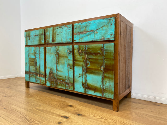 Boatwood by WMK # Besonders schönes türkises Sideboard mit Schubladen , ein aus altem Bootsholz handgefertigtes Unikat aus massivem Teakholz # Schrank Kommode Anrichte Wäschekommode Schubladenkommode