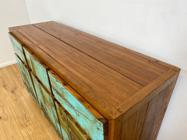 Boatwood by WMK # Besonders schönes türkises Sideboard mit Schubladen , ein aus altem Bootsholz handgefertigtes Unikat aus massivem Teakholz # Schrank Kommode Anrichte Wäschekommode Schubladenkommode