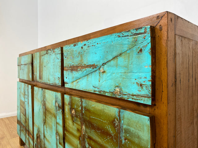 Boatwood by WMK # Besonders schönes türkises Sideboard mit Schubladen , ein aus altem Bootsholz handgefertigtes Unikat aus massivem Teakholz # Schrank Kommode Anrichte Wäschekommode Schubladenkommode